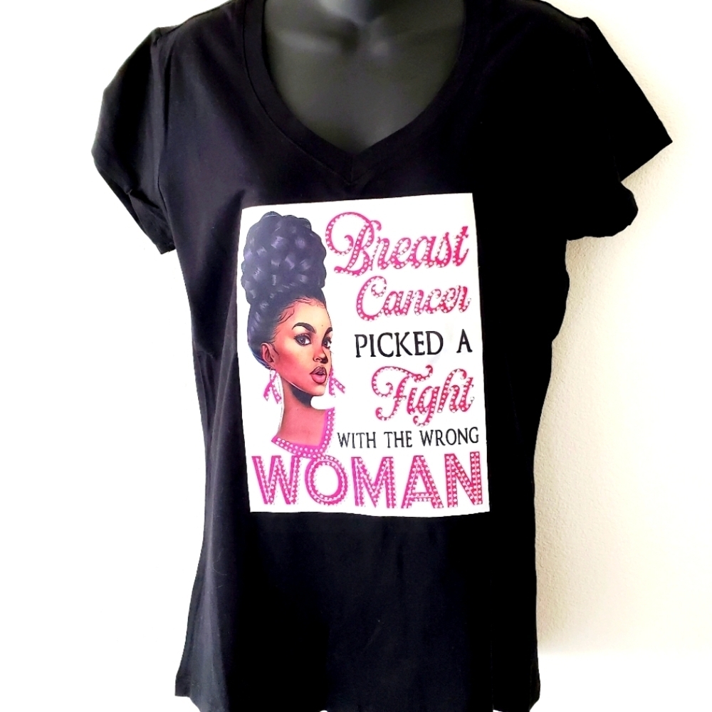 Women "Breast Cancer" Graphic Black V-Neck T-Shirt Size Large